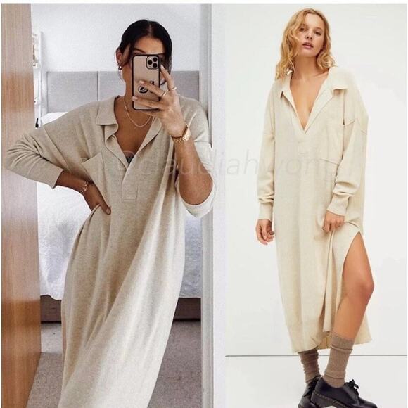 Free People Dresses & Skirts - FREE PEOPLE Dana Cashmere Wool Luxe Ivory Beige Slit Polo Midi Sweater Dress S